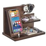 Wooden Phone Docking Station, Desk Organizer Wallet Stand,Watches Organizer Gifts for Men Husband Wife Anniversary Father Birthday Nightstand Wallet Graduation Man Idea Gadgets (Brown)