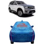 AUTOUNIKO 100% Waterproof Triple Stiched Full Body Car Cover for Mahindra Scorpio with Mirror and Antena Pocket with Soft Cotton Inside(Full Buttom Elastic)(Blue with Red Piping)