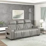 Lexicon Power Double Reclining Sofa, Center Drop-Down Table with Heat/Massage/Headrest/Storage Arms/Cup Holders/Wireless Charging/LED Lights, Top Grain Leather Match Wall Hugger Recliner Sofa, Gray
