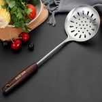 Mockery Skimmer Spoon 304 Stainless Steel Slotted Spoon with Wooden Handle, Comfortable Design Strainer Skimmer for Cooking and Frying, Kitchen Utensils, 13 inch