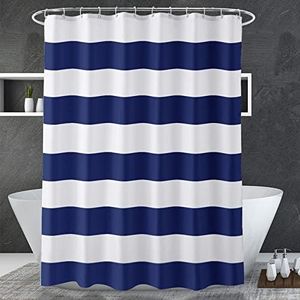 AmazerBath Navy Blue Shower Curtain Stripes, 72" W x 72" H Blue and White Shower Curtain, Fabric Shower Curtain for Bathroom, with 2 Heavy Stones