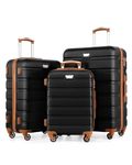 COOLIFE 3 Piece Luggage Set for Family Travel, Overseas Travel, ABS+PC, Lightweight Durable Suitcase with 360°Rubber Spinner Wheels, YKK Zipper, Telescopic Handle, TSA Lock (Black/Brown, 3 Pcs Set)