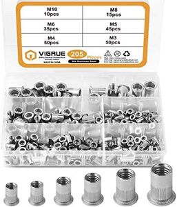 VIGRUE 205PCS 304 Stainless Steel Rivet Nut Assort Set Flat Head Threaded Rivetnut Insert Nutserts Assortment Kit(M3| M4| M5| M6| M8| M10)