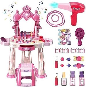 Pretend Play Girls Makeup Table Set with Stool，Kids Vanity Set with Lights and Music，Toddler Beauty Salon Set with Makeup Accessories & Hair Dryer Toy，Best Birthday Gifts for Toddlers 2-5 Years Old