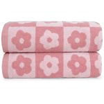 Jacquotha 2-Pieces Luxury Bath Towels Checkered Floral, Pink Shower Towel for Women Girls 27.5x55 Inches, 100% Cotton Absorbent Body Towels