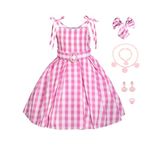 ATIMIGO Girls Pink Plaid Suspenders Dress Movie Cosplay Costumes Halloween Party Outfit for Girls Dress Up with Accessories 4-5 Years