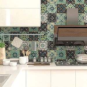 20pcs Teal Moroccan Style Tile Stickers, Kitchen Bathroom Wall Tile Stickers Peel and Stick on Tile Transfers Covers Decals Self Adhesive Vinyl Waterproof Green Pastel Mosaic (15cm x 15cm, 6x6 inches)