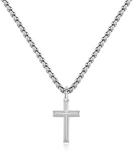 REVEMCN Black Gold Silver Cross Necklace for Boys Stainless Steel Mens Cross Pendant Chain Necklace for Men Women Religious Jewelry Gifts for Boys Girls Chain 16-24 Inches (18 inches, Silver - 0.8'' × 0.5'' beveled cross pendant)