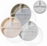 PandaEar Silicone Suction Plates for Babies & Toddlers, 3 Pack Divided Unbreakable Plates with Lid - Non-Slip - Dishwasher and Microwave Safe (Creamy Grey Brown)