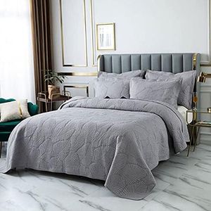 Couvre-lit De Style Américain Boutis Queen Super King Couettes Matelassées 100% Coton Chic Broderie 3PCS Chambre Décoration Dessus De Lit Multifonction + 2 Taies d'oreiller 50x70cm,Grey-230x250cm