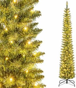 2.1M Artificial Christmas Tree, Pre-lit Xmas Tree w/ 499 Branch Tips, Warm White LED Lights, Pencil Shape Decoration Tree for Home Party Festival
