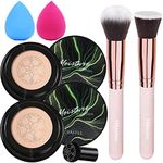 Mushroom Head Air Cushion CC Cream Foundation Waterproof Nature,Foundation Brush,Moisturizing Bright Makeup Base Long Lasting with Mushroom Head Makeup Sponge (2PCS #02 Natural)