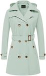 CREATMO US Women's Trench Coat Double-Breasted Classic Lapel Overcoat Belted Slim Outerwear Coat with Detachable Hood, Light Green, Large, (CMU-FY299)