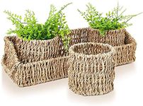 Set of 3 Wicker Round Storage Baskets for Shelves with Rectangular Seagrass Tray (Brown)