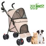 Wedyvko Umbrella Dog Stroller for Small Dogs 10 20 lbs, Foldable Pet Pram Stroller Lightweight 9 lbs, with Double 4-Wheel Shoulder Strap/Storage Basket/Cup Holder, Khaki