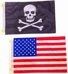 ANCONINE Double Sided Boat Flag Pirate Jolly Roger Skull and American Flag 12x18Inch for Boat,Heavy Duty 3Ply 220D Polyester Double Stitched and Flags with 2 Brass Grommets.