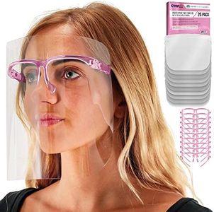 TCP Global Salon World Safety Face Shields with Pink Glasses Frames (Pack of 25) - Ultra Clear Protective Full Face Shields to Protect Eyes, Nose, Mouth - Anti-Fog PET Plastic, Goggles