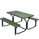 Giantex Picnic Table Bench Set Outdoor Camping All Weather Metal Base Wood-Like Texture Backyard Poolside Dining Party Garden Patio Lawn Deck Furniture Large Camping Picnic Tables for Adult (Green)