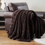 BATTILO HOME Dark Brown Faux Fur Throw Blanket, Double Side Reversible Ruched Rabbit Fur Blanket for Couch, Bed, Cozy Soft Warm Mink Blanket, 50x60 Inches