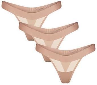 NEGATIVE Underwear – Sieve Thongs For Women – Minimal Cut in Subtly Sheer, Naturally Smoothing Belgian Micromesh - 3 Pack - Buff - M