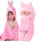 First Kick Baby Blankets New Born Combo Pack of Hooded Wrapper Durable Fleece Polyester Sleeping Bag and Baby Bath Towel for 0-6 Months Baby Boys and Baby Girls Pack of 2 Pink Rabbit, Unicorn Pink