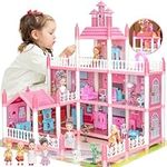 Doll House for 4 5 6 7 8 Year Old Girls - 4 Dollhouse Dolls, LED Light, Play Mat, 3-Story 8 Rooms Playhouse with Accessories Set, Furnished Pretend Play House Toys Christmas Birthday Gifts