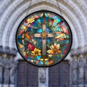 HOTIYOK God Bless Acrylic Window Hanging Vintage Cross Stained Wall Decor, Ideal Housewarming Gift, Home Decor for Mom Grandma Wife Teacher