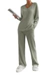 SotRong Ribbed Knitted Lounge Wear Sets for Women Uk Ladies Leisure Suits Two Piece Outfit Tracksuit Set Long Sleeves V Neck Baggy Pullover Tops Wide Leg Long Pants Army Green M