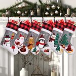 Elegantpark Christmas Stockings 6 Pack Large Burlap Christmas Stocking Embroidery Xmas Santa Snowman Stockings for Fireplace Hanging Decorations Grey Plaid Applique Christmas Stockings for Family Kids