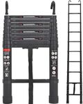 Exleiter Aluminum Telescoping Ladder, 2.9M/9.5FT Portable Extension Ladder with 2 Detachable Hooks Extendable Folding Anti-Slip Loft Ladder with Certificate EN 131, Black
