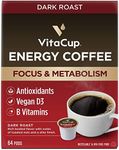 VitaCup Energy Dark Roast Coffee Pods, Boost Focus & Metabolism, Antioxidants, B Vitamins, Bold & Smooth,100% Arabica Coffee, Recyclable Single Serve Pod Compatible with Keurig K-Cup Brewers,64 Ct