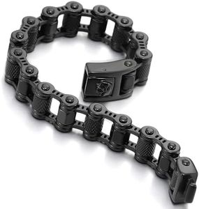 COOLSTEELANDBEYOND Masculino Hombre Negro Bicicleta Motocicleta Biker Brazalete, Acero Inoxidable, Cadena Enlace con Cráneo Cierre