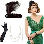 AOT 1920s Flapper Headband Set Vintage Feather Headpiece with Necklace Cigarette Rod and Long Black Gloves 20s Theme Party Accessories for Women Costume Prom Wedding Carnival Party