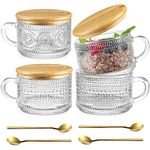 e-YiHESZ Vintage Glass Coffee Mug 14 Oz Set of 4 Clear Embossed Tea Cups, Glass Mugs for Cappuccino, Latte,Yogurt Overnight Oats Mugs with Bamboo Lids Spoons Christmas Thanksgiving Housewarming Gifts