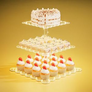 PinCute Acrylic Cupcake Stand, 3 Tier Cupcake Tower Holder with LED String Light, Dessert Table Display Cake Stand for Birthday Candy Bar Weddings Party Décor, Yellow Light