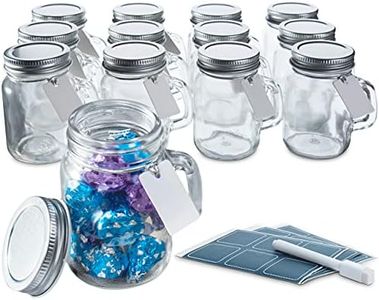 Otis Classic Glass Mason Jars - Mini Mason Jar Glasses with Lids & Handles for Holiday Crafts, Favors & Home Decor, 3.4 Ounce Pack of 12 Mini Mason Jars with 18 Chalkboard Stickers, 20 Labels & Pen