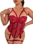 OYOANGLE Women's Plus Size Ring Linked Cut Out Sheer Mesh Teddy Bodysuit Garter Lingerie Set Light Burgundy 2XL