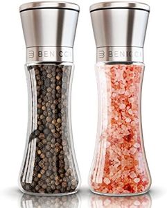 Premium Salt and Pepper Grinder Set of 2 - Two Refillable, Stainless Steel Sea & Spice Shakers with Adjustable Coarse Mills Easy Clean Ceramic Grinders w/BONUS Silicone Funnel Cleaning Brush