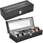 ProCase 6 Slots Watch Box for Men, Mens Watch Organizer PU Leather Watches Display Case Storage Boxes with Crystal Glass Lid -Black