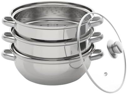 Cuiseur vapeur à 3 étages - En acier inoxydable - Diamètre : 28 cm - En acier inoxydable - Avec couvercle en verre