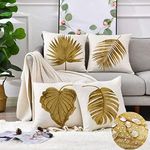 Outdoor Waterproof Throw Pillow Covers Tropical Gold Palm Leaves Cushions Pillows Case 18x18 Inch Set of 4 Cotton Linen Home Decorative for Livingroom Garden Couch Sofa