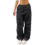 Parachute Pants Women Cargo Trousers Baggy Low Waisted Vintage Y2K Track Pants Hip Hop Leisure Pants Jogging Pants Teenager Girl 90s Fashion Aesthetic E-Girl Streetwear Pants with Pockets Black S