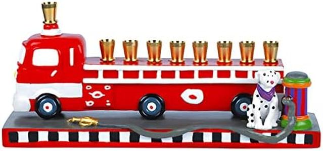 Aviv Judaica Kids Fire Truck Menorah Collectible Fire Engine and Fire Dog Menorah Fits Standard Hanukkah Candles