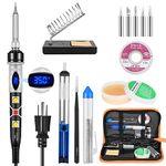 KLARYTYMA Soldering Iron Kit, 80W Digital Soldering Iron with 5pcs Tips, Desoldering Pump/Wick, Solder/Flux, Tweezers, Stand, Leather Storage Bag for Repairing Electronics, DIY Project