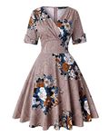 MINTLMIT Women's Classy Vintage Floral Hepburn Style 1940's Rockabilly Evening Dress (Floral Khaki M)