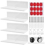 KOMINZZ 4 Pack Acrylic Floating Shelves White Floating Wall Shelves No Drill Display Shelf Versatile Self Adhesive Small Shelves for Wall Bedroom Living Room Bathroom Kitchen Office with Cable Clips