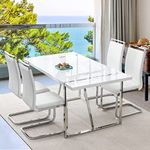 Dining Table Set for 4，White Rectangular MDF Kitchen Table and Leather Dining Chairs Set of 4, 5 Piece Dining Table Set，Modern Metal Frame Dining Room Table Set 4 with Metal Frame for Kitchen