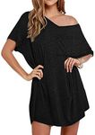 Ekouaer Womens Tshirt Nightgown Cotton V Neck Sleepshirts Comfy Casual Nightshirt for Women, Black, Large