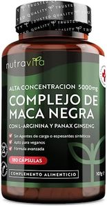 Maca Negra Andina de Alta Resistencia 5000mg - 180 Cápsulas Veganas- con L-arginina y Ginseng, Antioxidante para mejorar Espermatozoide, Memoria y Fatiga - Suministro de 6 Meses -Nutravita