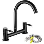 Maynosi Black Kitchen Sink Mixer Tap, Dual Lever Bridge Kitchen Mixer Taps, 2 Hole Kitchen Faucet, 180 mm Centers Deck Mounted, 1/4 Turn, 360° Swivel Spout, Brass, Include Flexible Hoses, Matte Black